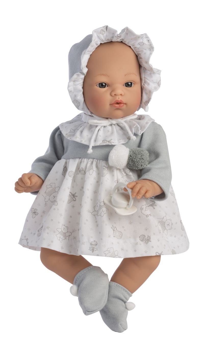 ASI - Koke babypige 36 cm - Grå og hvid kjole med bamseprint, kyse og sut - Nordisk design