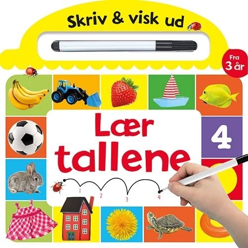 Skriv og visk ud - Lær tallene aktivitetsbog i pap med bærehåndtag og medfølgende pen.