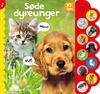 Søde dyreunger lydbog fra Alvilda med ti lydknapper og billeder af en hundehvalp og en kattekilling på forsiden.