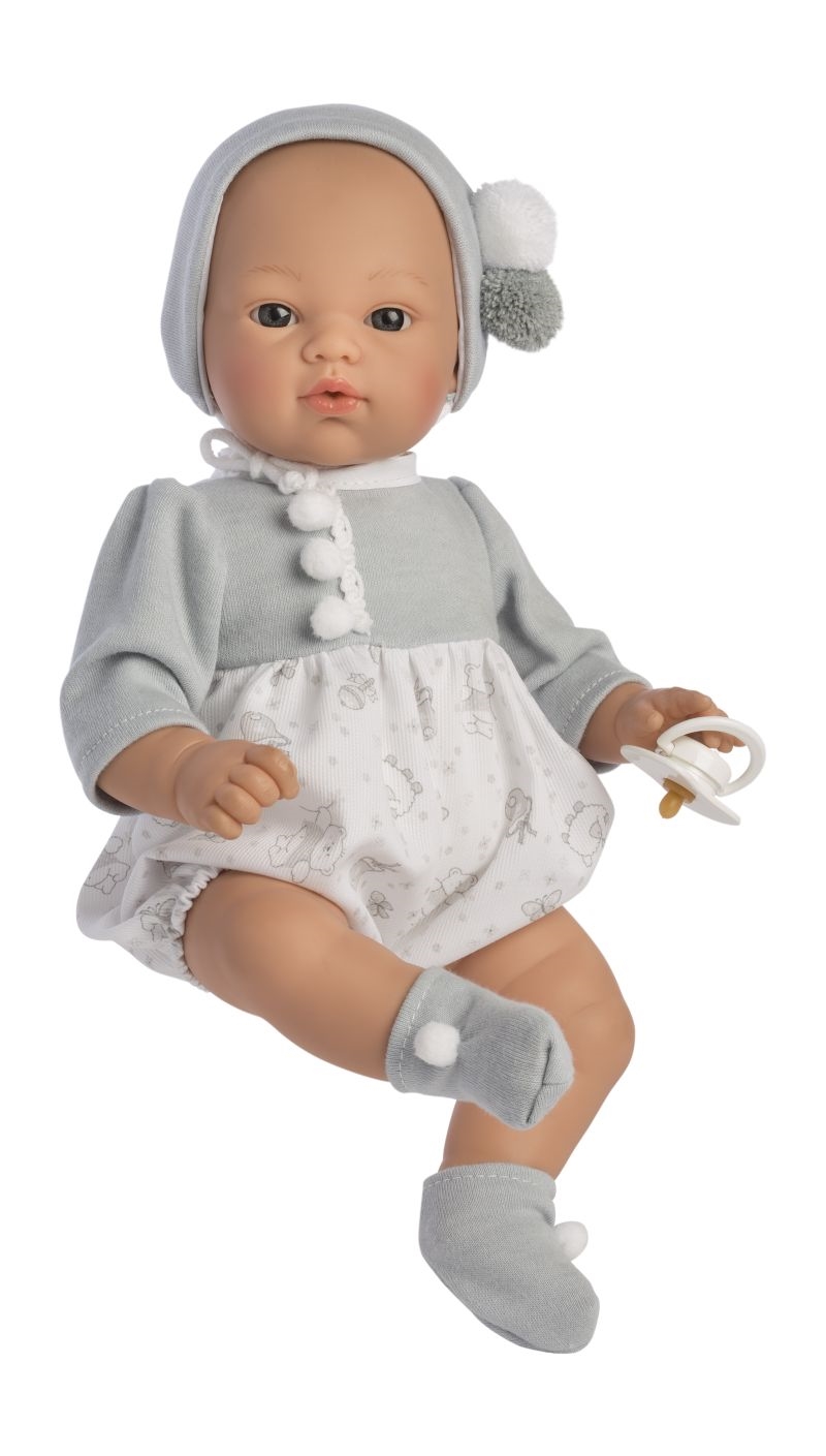 Asi - Koke babydreng i grå og hvid heldragt med bamseprint, hue og sut - 36 cm - Nordisk Design