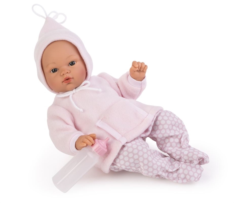 ASI - Koke babypige 36 cm - Lyserød varm hættetrøje og bukser med fod, sutteflaske medfølger 