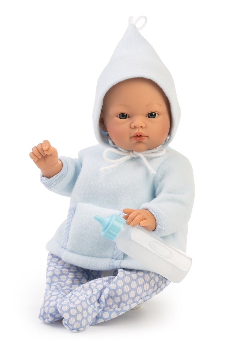 ASI - Koke babydreng 36 cm - Lyseblå varm hættetrøje og bukser med fod, sutteflaske medfølger 