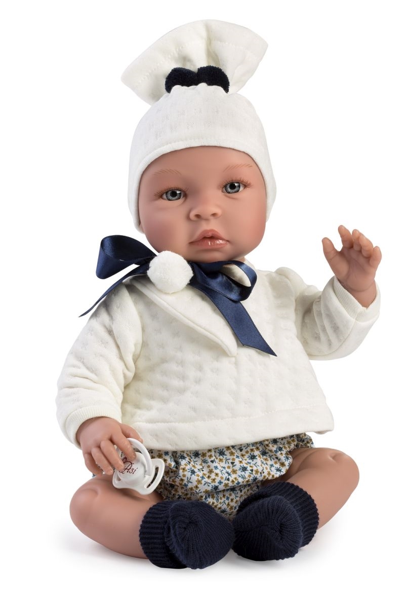 Asi - Leo dukkebaby - Med striktrøje, kortebukser og strikket kyse 