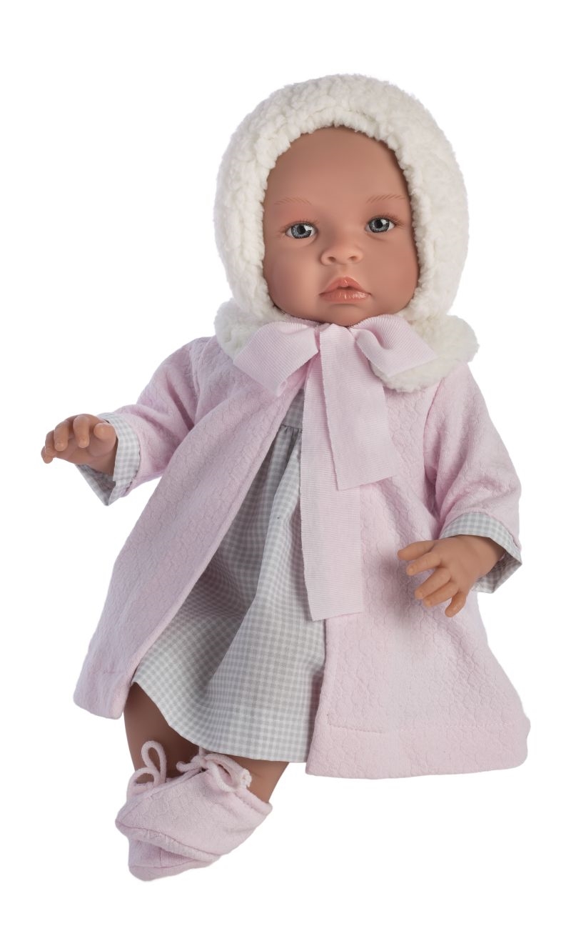Asi - Leonora dukkebaby - Med varm frakke, ternet kjole samt hue i bamsefleece - Lyserød