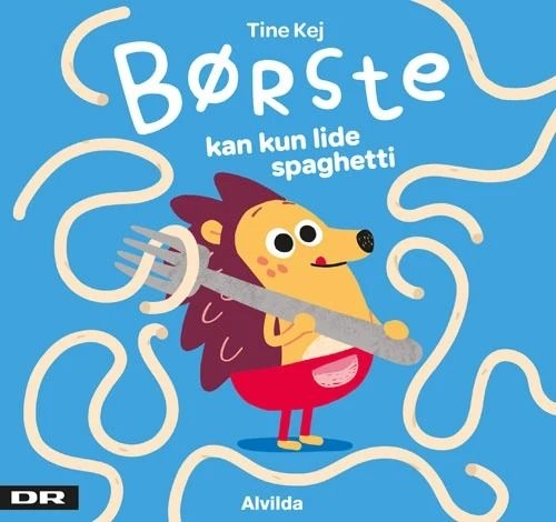 Forsiden af papbogen Minisjang - Børste kan kun lide spaghetti med pindsvinet Børste og spaghetti på en blå baggrund.