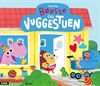 Forsiden af papbogen Børste og vuggestuen med illustration af pindsvinet Børste og en lyserød dinosaur foran en gul bygning.