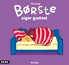 Børnebogen Børste siger godnat med en illustration af pindsvinet Børste, der sover i en blå seng under et rød- og hvidstribet tæ