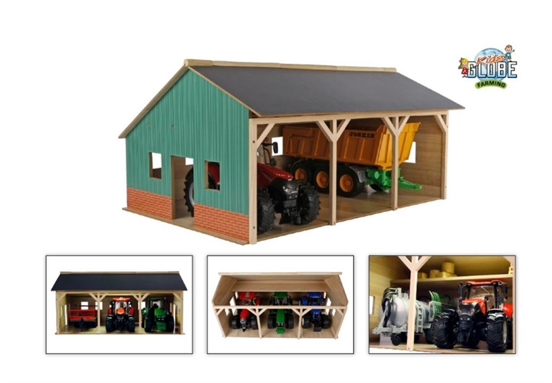 Kids Globe - Stor Traktor Garage med plads til 3 maskiner, 1:16 - Træ 