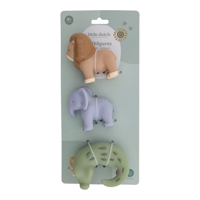 Badefigurer sæt med en brun løve, lilla elefant og grøn krokodille på en præsentationskort.