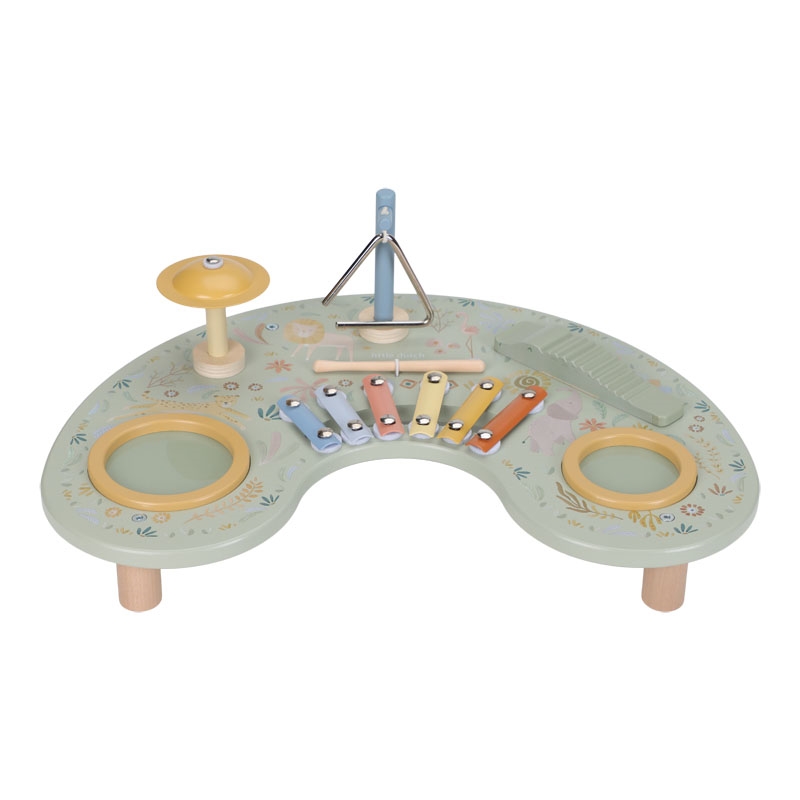 Little Dutch musikbord i træ med safari-motiv, xylofon, trommer, bækken og triangel.
